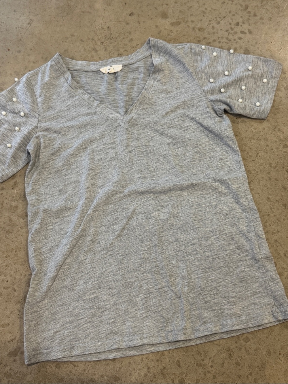 Women's Grey V-Neck Top with Pearl Sleeve Detail